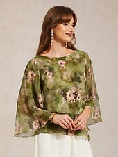  Femmes Chemisier transparent Hauts en mousseline de soie À lacets Fleuri Élégant Manche 3/4 Manche cloche Col ras du cou Quotidien robe demoiselle d honneur Vert mousse Été Printemps Automne
