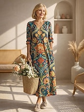 economico Abiti Boho-Abito Midi da Donna in Lino Leggero e Traspirante Vestito da Sole Abito Shift Casual Festa Vacanza Vestibilità Regolare Grafica Paisley Maniche Lunghe Collo a V Blu Rosa Rosso Verde Estate Primavera