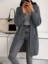 Недорогие Простой кардиган-Жен. Вязаная ткань Кардиган Мода Уличный стиль На каждый день Чистый цвет Рельефный узор Открытый перед Карман Трикотаж Длинный рукав Длинные топы Вязать на открытом воздухе Повседневные выходные