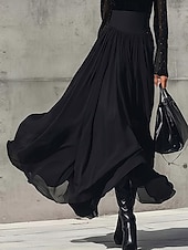 cheap Skirts-Women's Elegant Fashion Casual Maxi Mid Rise Skirts Plain Ruched Layered Micro-elastic Daily Street Black Summer