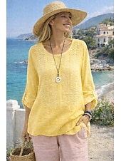 abordables Camisas-Mujer Camisa Algodón Compuesto Blusa Malla Plano Moderno Media Manga Cuello Barco Tops regulares Diario Festivos Noche Azul Piscina Blanco Amarillo Morado Caqui Verano