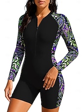 cheap One Pieces Rash Guards-Women's Rash Guard Dive Skin Suit Bathing Suit Swimsuit Set Paisley Folk Zip Up Removable Pad Front Zip UV Sun Protection UPF50+ Ultra Light (UL) Long Sleeve Swimwear Sun Shirt Surfing Beach Water