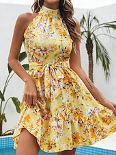 billiga Casual blommiga klänningar-Dam Mini klänning A linjeklänning Blommig klänning Halter Neck Klänning Elegant Mode Modern Utomhus Semester Utekväll Normal Blommig Ärmlös Halterneck Blå Gul Rodnande Rosa Sommar Vår
