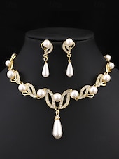 preiswerte Hochzeit ACC-Elegantes Schmuckset aus Imitationsperlen für Damen, bestehend aus Halskette und Ohrringen in Gold- und Silberfarben mit Kristallakzenten, perfekt für Hochzeiten und festliche Anlässe.