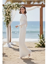  Футляр В пол Свадебное платье для гостей Маленькое белое платье Элегантный стиль Маленькие белые платья Длинный рукав С открытыми плечами Свадьба с Рюши