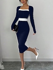 billige midi sort kjole-Dame Midikjole Bodycon kjole Semiformelle kjoler Kontor Normal Fargeblokk Langermet Firkantet hals Svart Navyblå Vår Høst