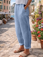 baratos Calças de Luxo-Mulheres Calças de linho de algodão chinês Calça verão Calças Férias Roupa de rua Básico Comprimento total Cintura Média Tecido Bolsos Confortável Conforto Respirável Sem Elasticidade Diário Ao ar