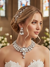 voordelige Huwelijk ACC-Zilveren statement choker ketting en oorbellen voor dames - glamoureuze sieraden met grote strass steentjes voor feesten, bruiloften en formele evenementen