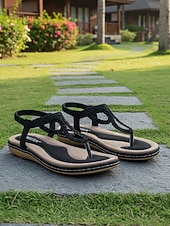 cheap Women-Women's Navy Blue Braided Thong Sandals - Comfortable Strappy Flat Sandals with Arch Support, Elegant Bohemian Summer Shoes for Resort Walking, Tropical Vacations &amp; Sightseeing