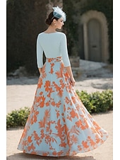 baratos Comprimento do chão-Linha A Vestidos Longo Vestido de convidada de casamento Vestido Para Mãe dos Noivos Manga 3/4 Decote V Elegante Vintage Simples Formal Chiffon com Estampa floral Franzido