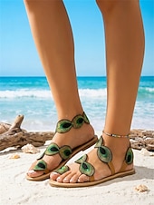 abordables Femmes-Sandales plates bohèmes brodées de paon pour femmes - sandales gladiateur artistiques à entre-doigts avec bride cheville, chaussures de plage d'été confortables pour les vacances tropicales et les