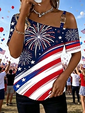cheap Independence Day Top-American Independence Day Women's T Shirt Tee Top Print Graphic American Flag Fashion Classic Casual Short Sleeve One Shoulder Regular Tops Daily Going out Weekend Blue Summer Spring