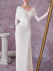  Футляр В пол Свадебное платье для гостей Маленькое белое платье Элегантный стиль Маленькие белые платья Длинный рукав С открытыми плечами Свадьба с Рюши