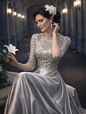 tanie Długość podłogi-Krój A Sięgająca podłoża Sukienka dla gościa weselnego Suknia Suknia wieczorowa Sukienka dla matki panny młodej Rękaw 1/2 Wysoki Elegancja Zabytkowe Gość weselny Wesele Satyna z Kokardki Haft