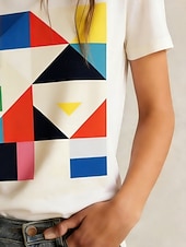 baratos Camiseta de Arte &amp; Design-Mulheres Camiseta T-shirt Imprimir Gráfico Geométrica à moda Clássico Casual Manga Curta Gola Redonda Tops regulares Diário Esportes Para Noite Branco Verão Primavera