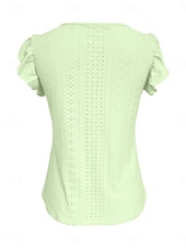 baratos Camiseta lisa-Mulheres Camiseta T-shirt Frufru Ilhó Botões Tecido Moda à moda Clássico Manga Curta Decote V Tops regulares Diário Para Noite Final de semana Branco Amarelo Rosa Azul Céu Verde Verão Primavera