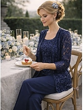 billige Mammas buksedresser-Buksedress gulvlengde mor til bruden kjole lang erme firkantet hals elegant bryllups gjest blonder med ensfarget