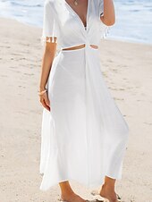 abordables Vestidos de playa-Mujer Vestido maxi Vestido blanco Vestido de verano Elegante Moda caliente Diario Exterior Playa Ajuste regular Plano Manga Corta Escote en Pico Blanco Verano Primavera