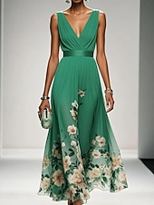 baratos Vestidos Florais Elegantes-Mulheres Vestido Longo Vestido casual Vestido de chiffon Elegante Moda Moderno Ao ar livre Férias Para Noite Normal Floral Sem Manga Decote V Azul Rosa Roxo Verde Verão Primavera