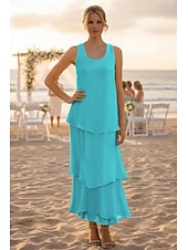 baratos Comprimento do tornozelo-Tubinho Até o Tornozelo Vestido de convidada de casamento Vestido formal Tiered Dress Vestido Para Mãe dos Noivos Sem Manga Decote V Elegante Simples Convidado do casamento Semi formal Chiffon com