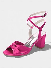economico Damigella d&amp;#39;onore-sandali da donna con tacco a blocco in raso fucsia, scarpe eleganti con cinturino alla caviglia e fiocco per damigelle d'onore per matrimoni all'aperto in giardino