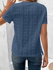 economico T-shirt semplice-Per donna T-shirt con ricamo a occhielli Tinta unica Vintage Elegante Casual Manica Corta Scollo a V Top Regolari Quotidiano Uscire Nero Bianco Blu turchese Estate Primavera