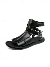 cheap Sandals-Men's Black Faux Leather Open-Toe Sandals, Buckle Strap Design, Comfortable Support, Casual Elegant Style for Beach Wedding Guests