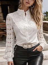 abordables Hauts en dentelle-Femmes Chemisier Dentelle Patchwork Boutons Couleur Unie Élégant Basique Occasionnel manche longue Col haut Hauts Réguliers Quotidien Travail Blanche Printemps Automne