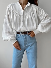 preiswerte Wesentliche Falsche Hemden-Damen Hemd Sommeroberteile Bluse Kunstbaumwollleinen Gerafft Patchwork Knöpfe Einfach Elegant Damen Klassisch Langarm Puffärmel Hoher Ausschnitt Normale Oberteile Täglich Arbeit Ferien Weiß Sommer