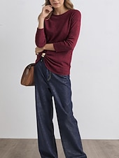 abordables T-shirt uni-Femmes Flou Froncé Boucle en métal Couleur Unie Mode Occasionnel manche longue Col ras du cou Col rond Hauts Réguliers Quotidien Sortir Vin Printemps Automne