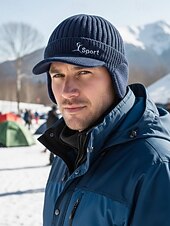 economico Cappelli da uomo-Cappello da uomo in maglia con paraorecchie – vari colori, materiale in maglia di poliestere, caldo e comodo per gli sport invernali e le attività all'aperto