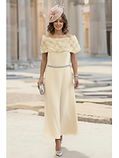 cheap Ankle Length-A-Line Ankle Length Tea Length Cocktail Dress Wedding Guest Dress Mother of the Bride Dress Sleeveless Off Shoulder Elegant Simple Minimalist Formal Wedding Guest Chiffon with 3D Flowers Crystals