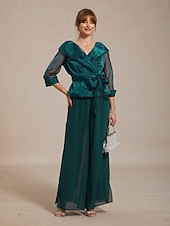 billige Kjolebluser-Dame Dressy topper knyte foran Illusjon Elegant 3/4 ermer V-hals Skjortekrage Vanlige topper Bryllupsgjest Cocktail antrekk Smaragd Grønn Sommer Vår Høst