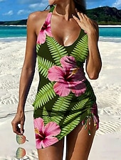 cheap Tankinis-Women's Swimwear Tankini 2 Piece Skirt Swimsuit Drawstring Halter Elegant Vacation Floral Leaves Scoop Neck Sleeveless Bathing Suits