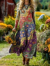 ieftine Rochie boho-Rochie Midi pentru Femei Boho Rochie în Formă de A Fit și Flare Rochie Vacanță Casual Zilnic Ajustare Regulat Grafic Geometric Mâneci Lungi Gât Rotund Albastru Roz Violet Portocaliu Vară Primăvară