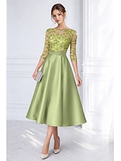 economico Abiti da cocktail-Linea ad A Lunghezza Tè Perline ricamate Abito Formale Abito da madre della sposa Abiti da Cocktail Abiti per invitati a matrimoni Elegante Pastello Manica 3/4 Scollo a Barca Formale Cocktail party