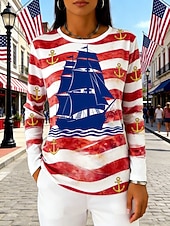  Giorno dell'Indipendenza Americana Per donna Maglietta Stampato Grafico A righe Moda Essenziale Classico Manica Lunga Girocollo Top Regolari Quotidiano Uscire Weekend Rosso Estate Primavera Autunno