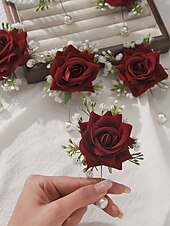 cheap Wedding Accessories-Women's Bridesmaid and Groomsman Corsage and Boutonniere Set, Available in Multiple Colors, Polyester Material, Perfect for Weddings and Parties