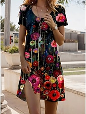 preiswerte Boho Kleider-Damen Minikleid Sommerkleid T-Shirt-Kleid A Linie Kleid Urlaub Lässig Täglich Strand Ferien Normale Passform Blumen Grafik Halbarm Rundhalsausschnitt Blau Schwarz Orange Grün Sommer