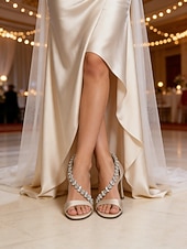 Χαμηλού Κόστους Νύφη-Γυναικεία Τακούνια Πάρτι Γάμου Καλοκαίρι Τεχνητό διαμάντι Τακούνι Κώνος Ανοικτή μύτη Μοντέρνα Σέξι Σατέν Δαντέλα μέχρι πάνω Ασημί Κρασί Μαύρο