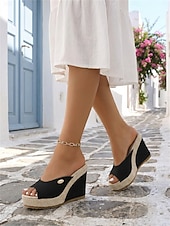 abordables Mujeres-Sandalias negras de cuña para mujer con punta abierta: alpargatas de plataforma informales de verano para vacaciones y playa.