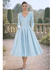 Недорогие Коктейльные платья-А-силуэт Ниже колена коктейльные платья Элегантный стиль Повседневные Полуформальные платья Рукав 3/4 V-образный вырез Вечеринка в саду Свадьба Сатин с Плиссировка