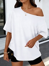 tanie gładka koszulka-Damskie Podkoszulek Jednokolorowe Elegancki Codzienny Krótki rękaw zimne ramię Długie topy Codzienny Wyjściowe Niebieski Czarny Biały Rumiany róż Wino Lato Wiosna