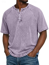 tanie Casualowa koszulka Henley-Męskie Koszulki Henley Top Koszulka bawełniana Wyprana koszula Krótki rękaw Jednokolorowe Równina Jeden kolor Zabytkowe Zakłopotany Zapiąć Wyblakły Gładkie Henley Codzienny Na zewnątrz Lato Wiosna Na