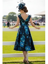 economico Lunghezza del tè-Linea ad A Lunghezza Tè Vestito da Festa Abito da Cocktail Abito da invitata a nozze Abiti da Ballo Elegante Senza Maniche Bavero Formale Ospite di nozze Raso con Stampa floreale