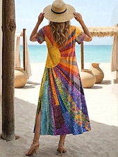 preiswerte Kunst &amp; Design Kleider-Damen Midikleid A Linie Kleid Lässig Täglich Normale Passform Blumen Abstrakt Kurzarm V Ausschnitt Schwarz Weiß Leicht Braun Orange Sommer Frühling