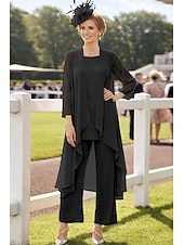 voordelige Broekpakken van mama-3-delig pak Tot de grond Moeder van de bruid jurk Mouwloos Nek boot Elegant Grote maten Bruiloft gast Chiffon Wrap inbegrepen met Effen kleur