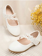 preiswerte Kinder &amp; Blumenmädchen-Elegante weiße Mary-Jane-Schuhe für Mädchen mit floralem Spitzenriemen und Perlenverzierungen, weichem Obermaterial aus PU-Leder und bequemer flacher Sohle, klassischer Prinzessinnenstil, perfekte