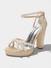 cheap Bride-Women's Ivory Platform Chunky Block Heel Sandals, Pearl-Embellished Ankle Strap Bridal Shoes for Church Weddings