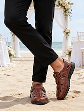 cheap Sandals-Men's Brown Faux Leather Sandals, Open Toe, Casual Wedding Shoes, Comfortable and Stylish Summer Wear